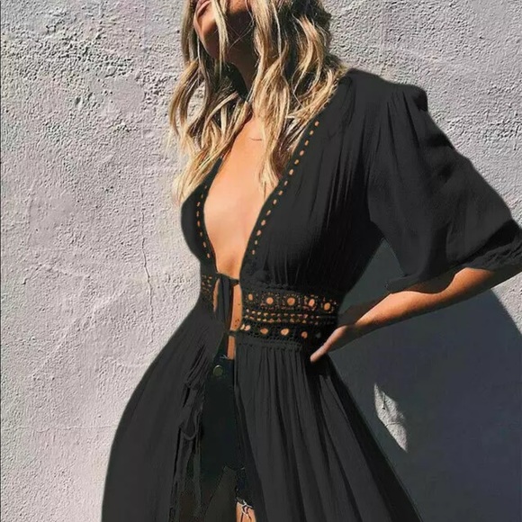 Sexy Black Lace Trim V-neckline With Double Tie Lace Trim Waist - Picture 4 of 5